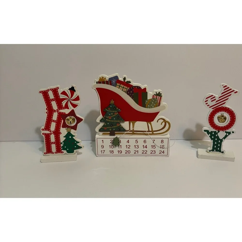 Christmas Wooden Tabletop Decor Set 3pc Sleigh Advent Calendar Ho Ho Ho Joy